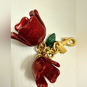 Like new Coach red glitter tea rose bag charm key ring chain fob 58514